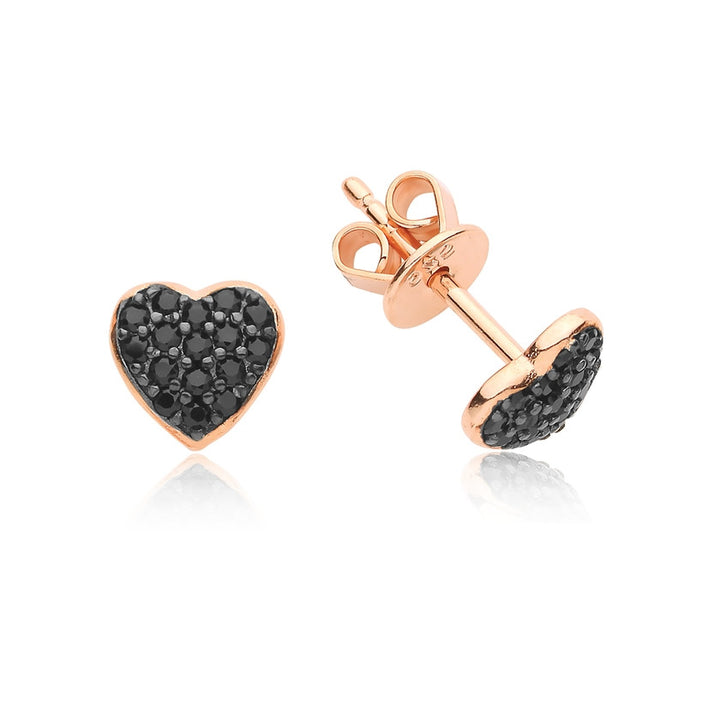 Rose Gold Black Crystal Heart Stud Earrings