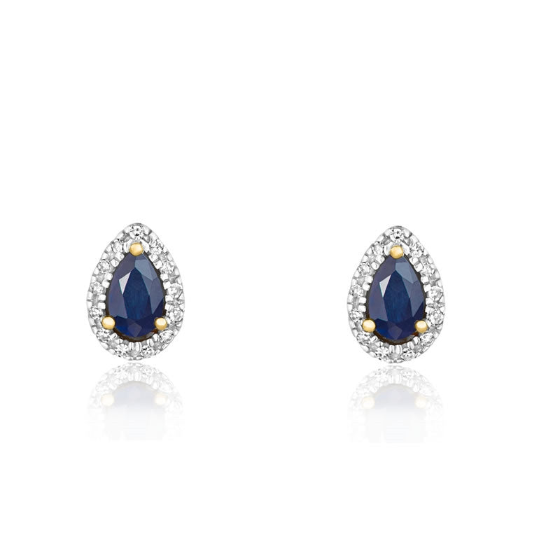 9ct Gold Pear Sapphire & Diamond Halo Stud Earrings