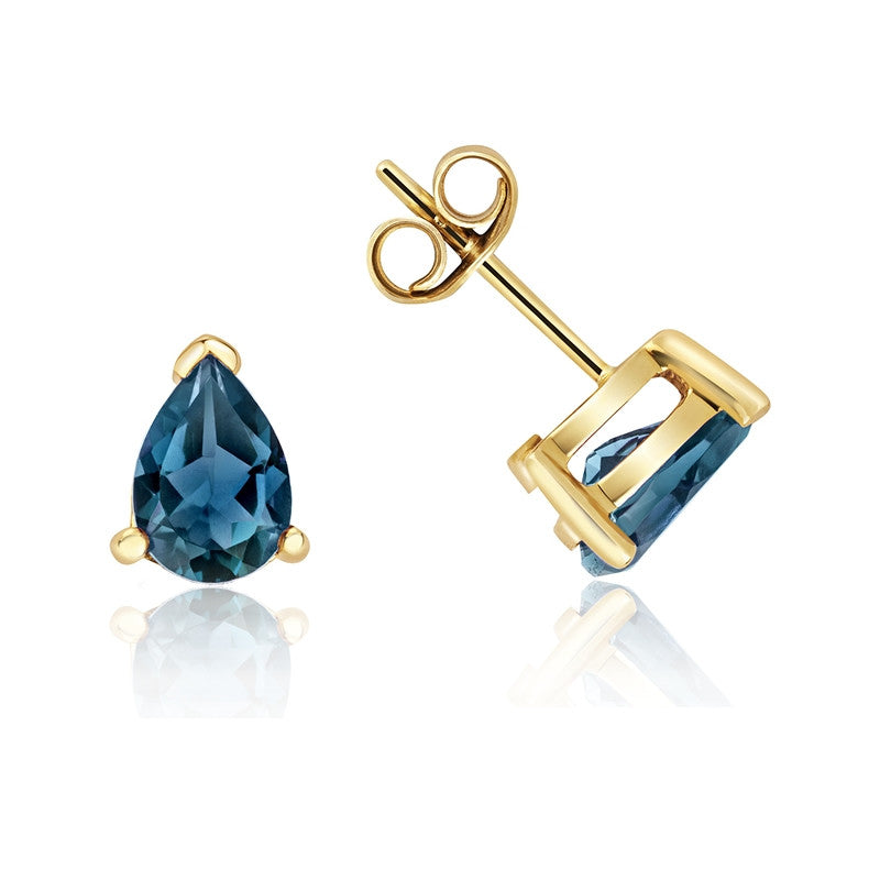 9ct Gold London Blue Topaz Pear Stud Earrings
