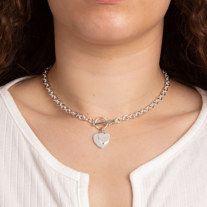 Sterling Silver Solid Double Heart T Bar Necklace