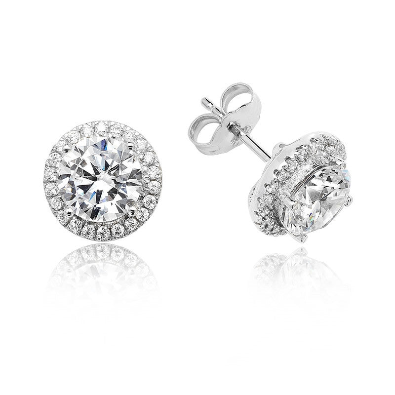 Silver Round Halo Stud Earrings