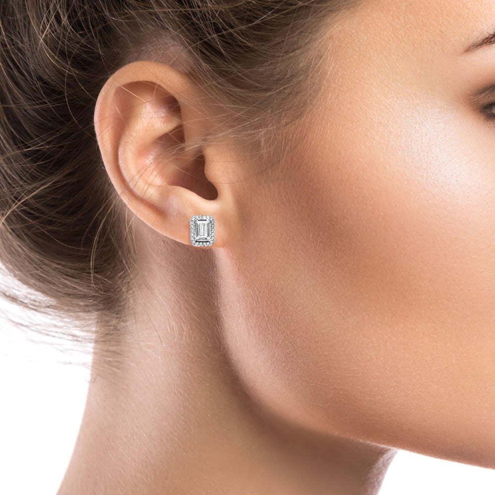Luminous Silver Emerald-Cut Halo Stud Earrings