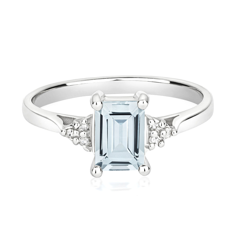 9ct White Gold Emerald Cut Aquamarine & Diamond Ring
