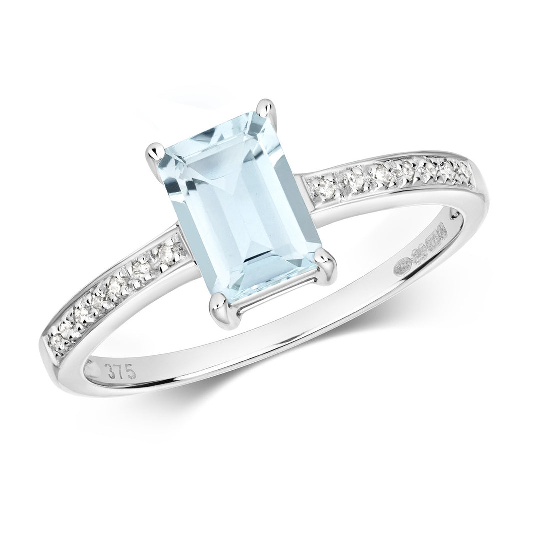 9ct White Gold Emerald-Cut Aquamarine & Diamond Ring