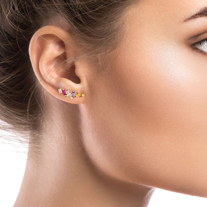 18ct Gold Plated Rainbow Baguette-Cut Climber Stud Earrings
