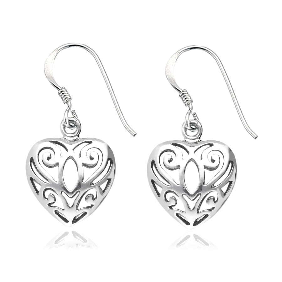 Sterling Silver Filigree Heart Drop Earrings