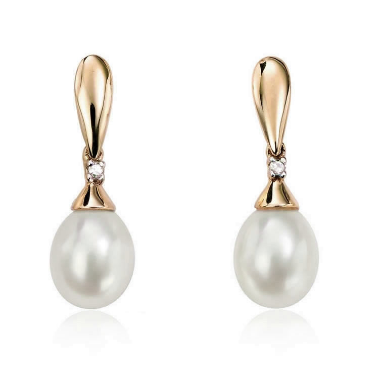 9ct Gold Pearl & Diamond Drop Earrings