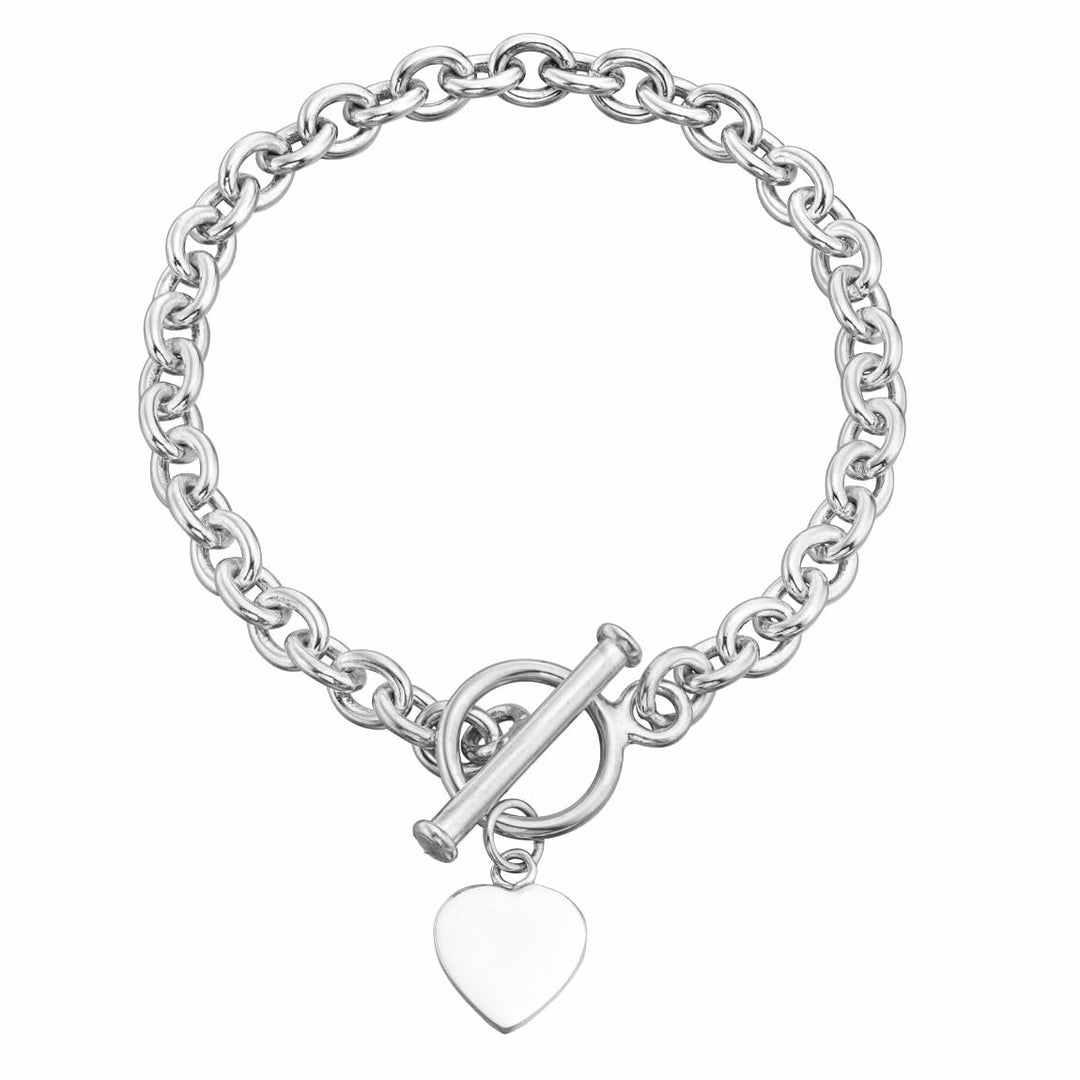 Sterling Silver Solid Heart Charm T Bar Bracelet
