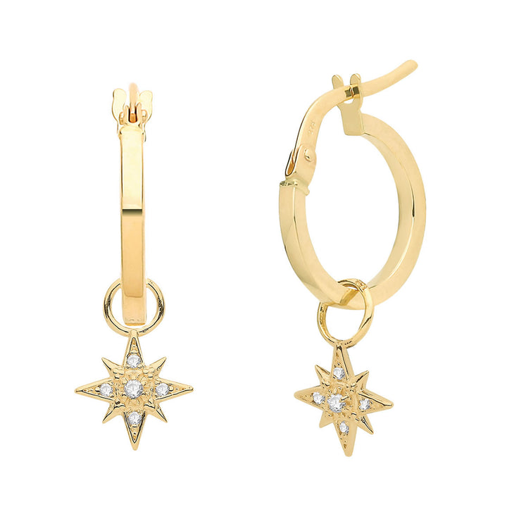 9ct Gold Starburst Charm Hoop Earrings