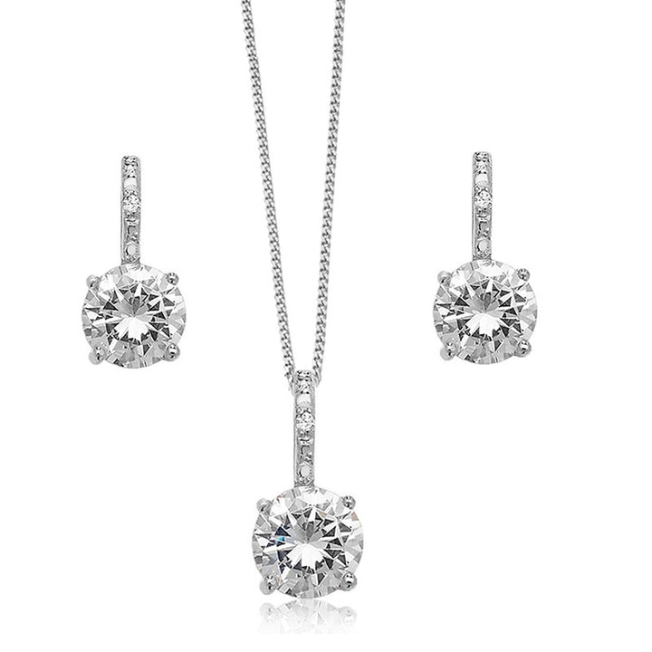 Silver Cubic Zirconia Solitaire Necklace & Earrings Set