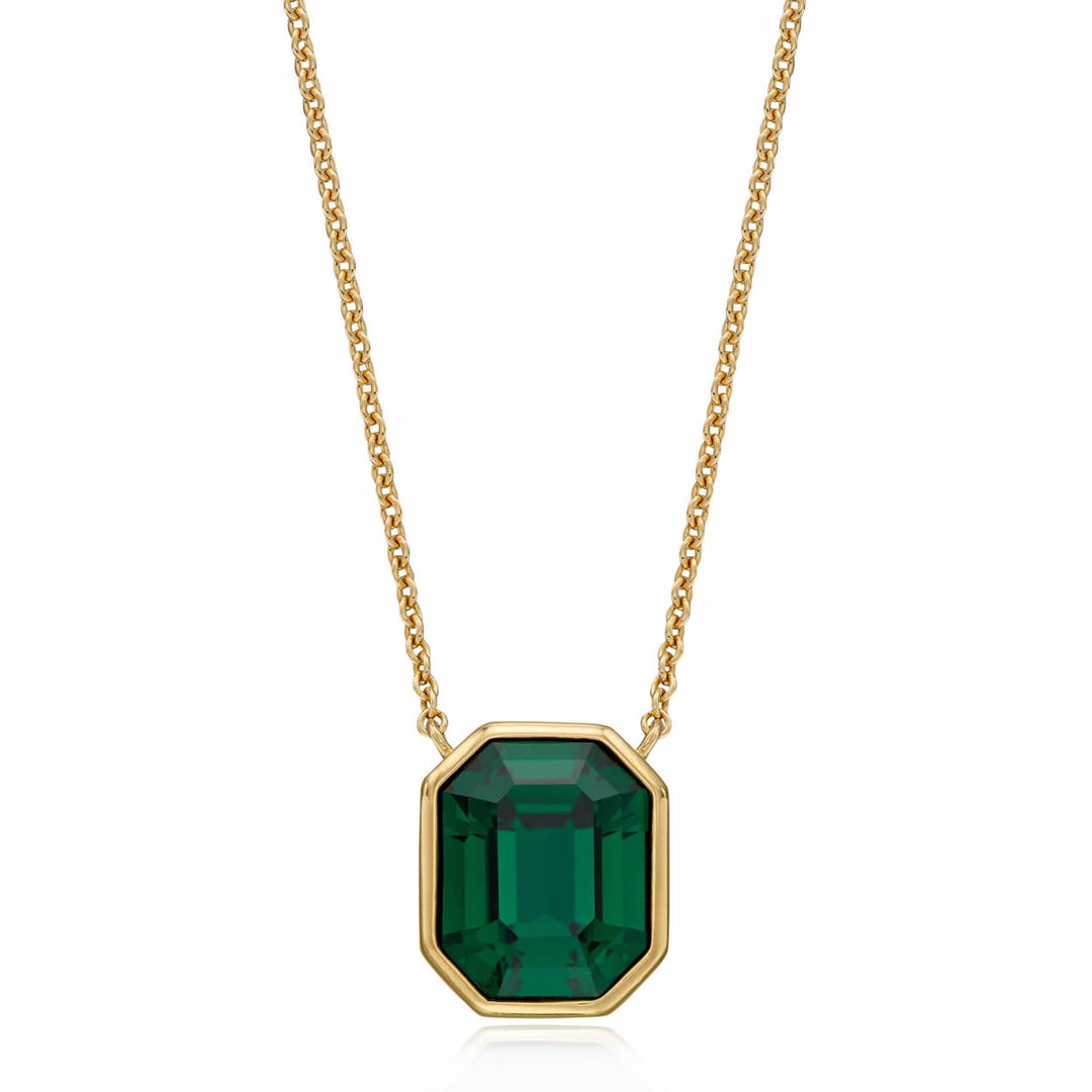 18ct Gold Plated Silver Emerald-Cut Green Crystal Necklace