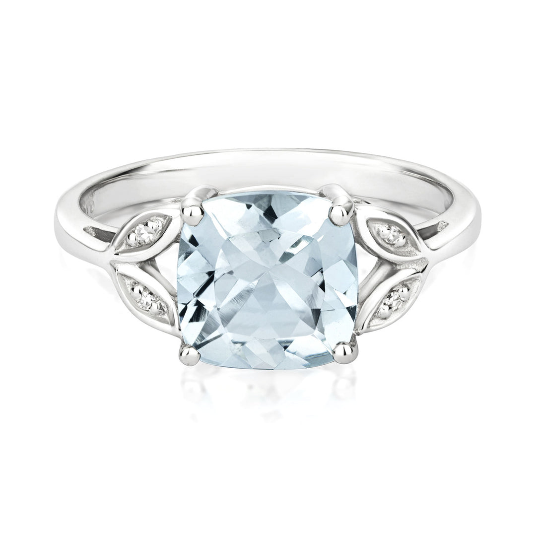 9ct White Gold Aquamarine & Diamond Leaf Ring