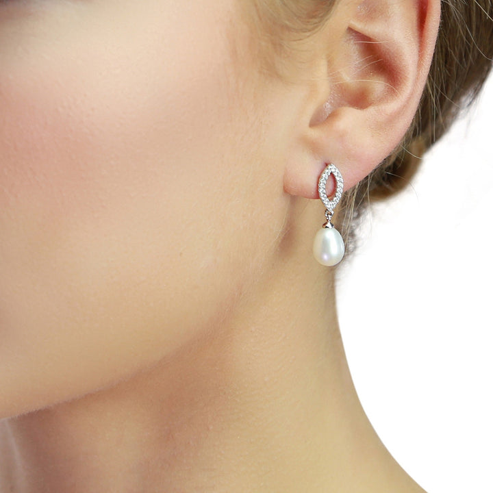 Silver Pearl & Cubic Zirconia Drop Earrings