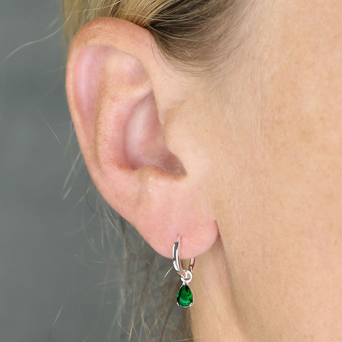 Silver Green CZ Huggie Hoop Earrings