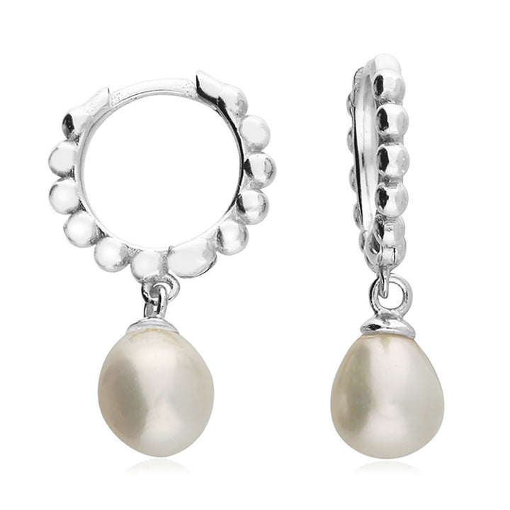 Silver Pearl Charm Bead Hoop Earrings
